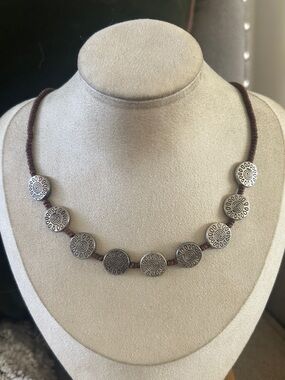 & Other Stories Brown Cord Necklace with Silver Decorative Buttons